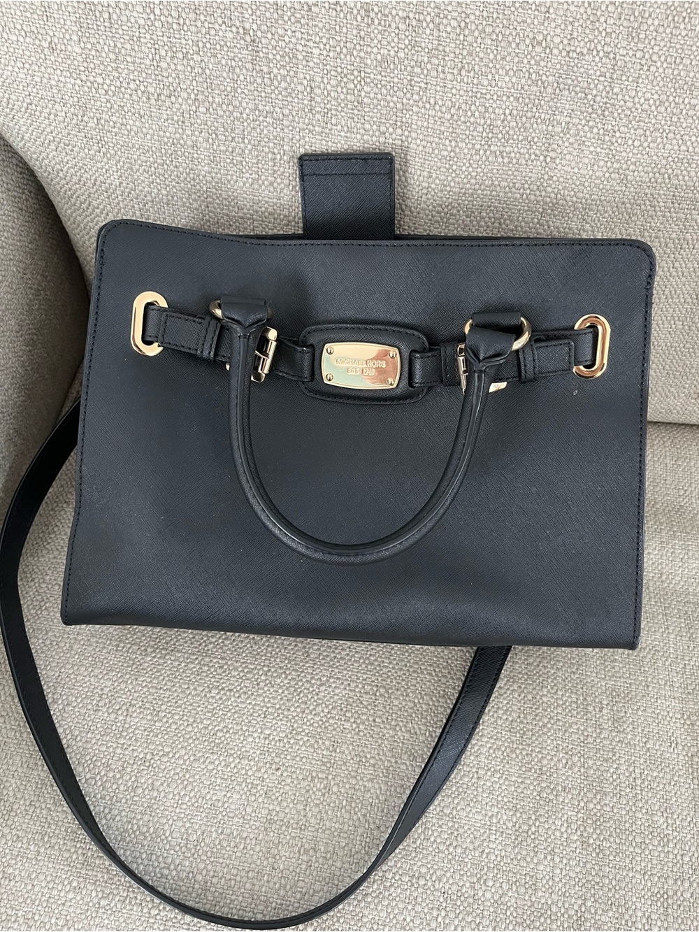 Michael Kors Black Leather Satchel with Gold Plate Hardware